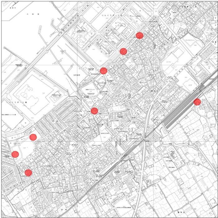 土のうステーションの位置に赤色で印がついている地図