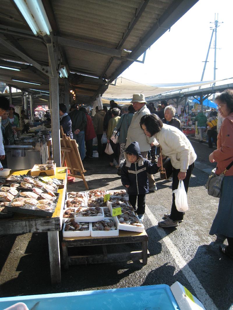 日曜朝市で、店先に並べられたたくさんの魚を親子連れがジッと見ている写真