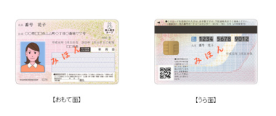 右：顔写真があり氏名、住所の記載があるマイナンバーカード見本おもて面 、左：個人番号の記載があるマイナンバーカード見本うら面の写真