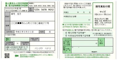 右：氏名、住所の記載箇所、左：顔写真添付欄のある個人番号カード申請書兼電子証明書発行申請書の見本