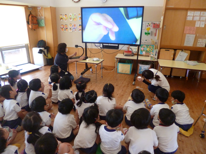 ダンゴムシを持った先生の手元が映し出されたモニター画面を見ている園児たちの写真