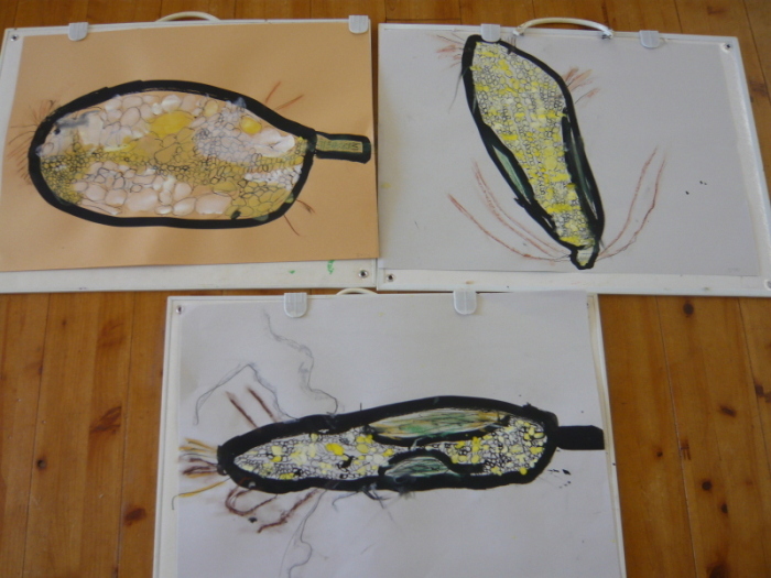 園児が描いた3枚のトウモロコシの絵の写真